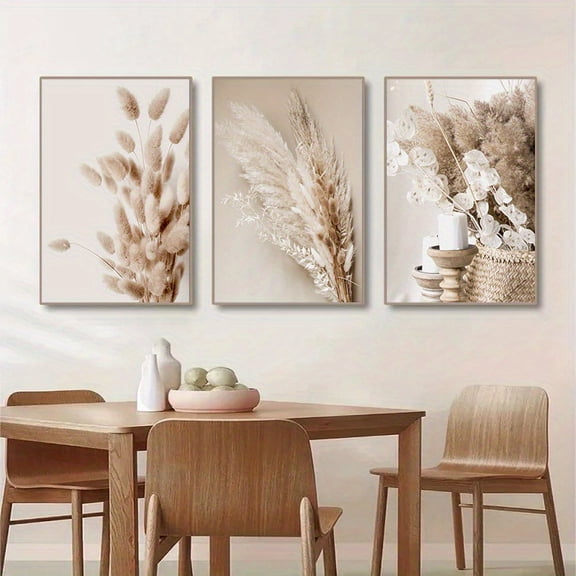 Bohemian Style 3-Piece Set Frameless Canvas Wall Art - Modern Art Deco Botanical Prints, Pampas Grass & Reed Leaves Minimalist Decor, Indoor Poster for Living Room, Bedroom, Dining, Home Office