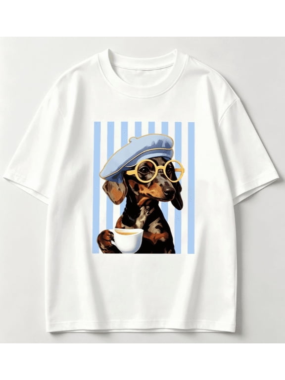Bohemian Style Beret Dachshund Print Graphic Crew Neck T-Shirt For Unisex, 100%Cotton Cute Pet Casual Versatile Top for Animal Lover
