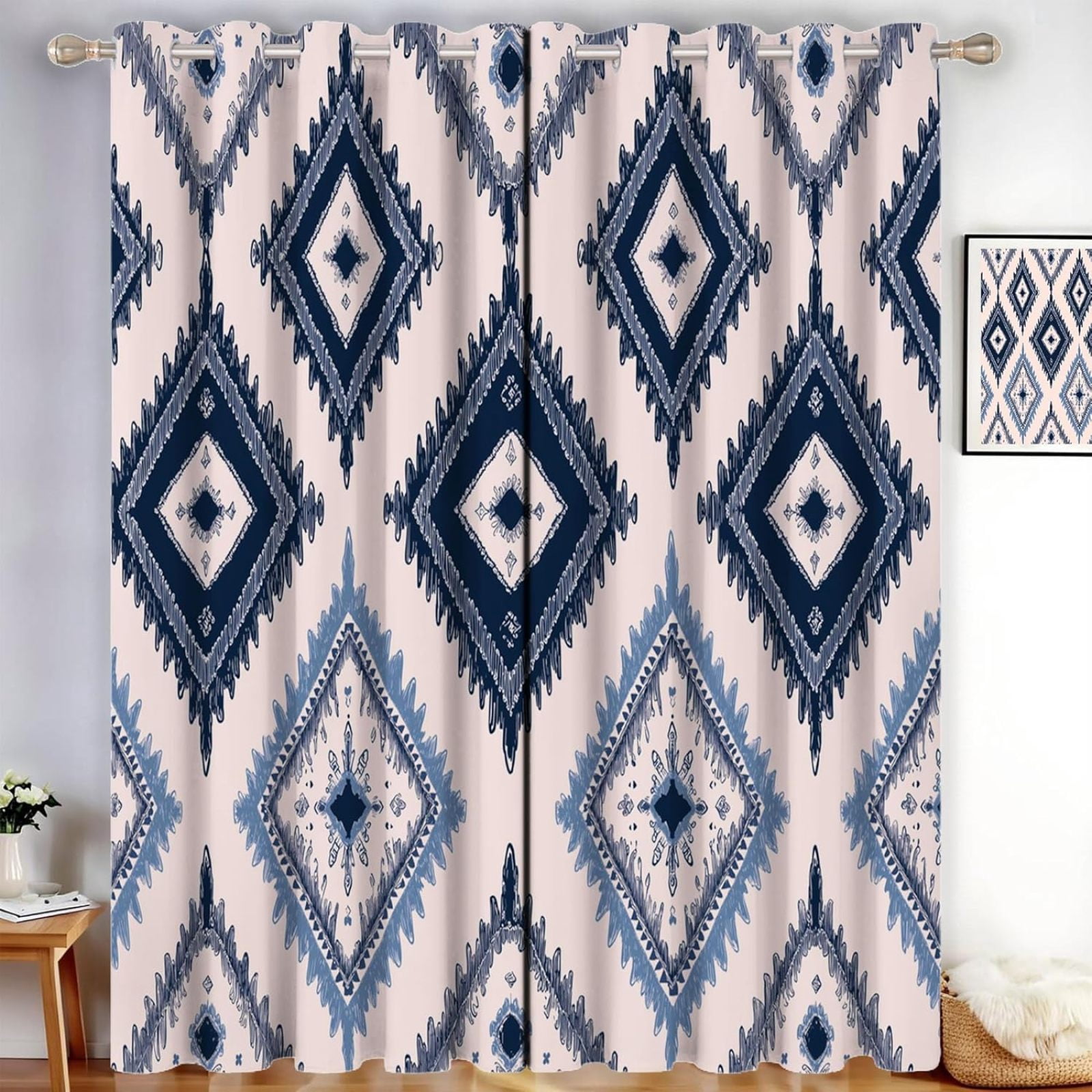 Bohemian Style Blackout Curtains For Bedroom Diamond Pattern Black Out ...