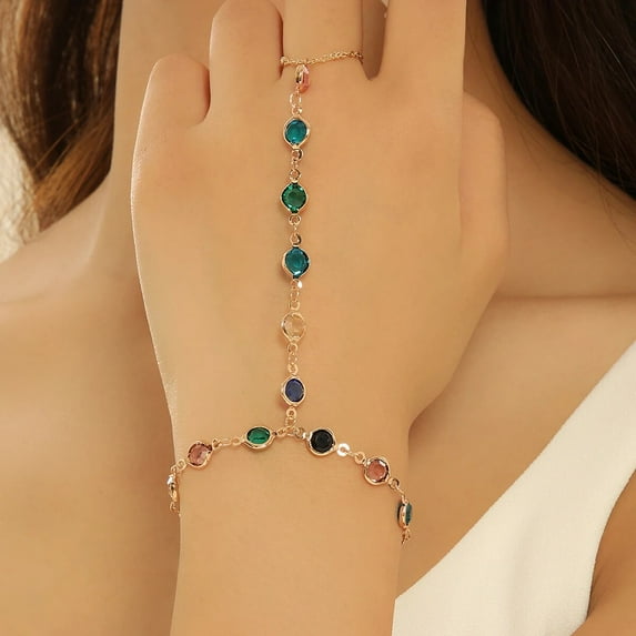 Bohemian Style Colorful Crystal Chain Wrist Ring Bracelet Sets for Women Girls Connected Finger Charm Bangle Jewelry
