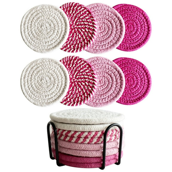 Bohemian Style Cotton Linen Drink Coasters 8-Pack - Absorbent Cup Mats for Table Protection - 4.3 Inch Heat Resistant Place Mats for Kitchen Dining Room Decor - Easy Clean Dishwasher Safe