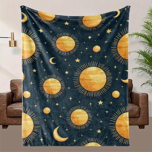 Bohemian Style Dark Blue & Golden Flannel Blanket - Cooling All-Season Bedspread with Sun, Moon & Stars Print, Quilted Texture, Machine Washable Polyester
