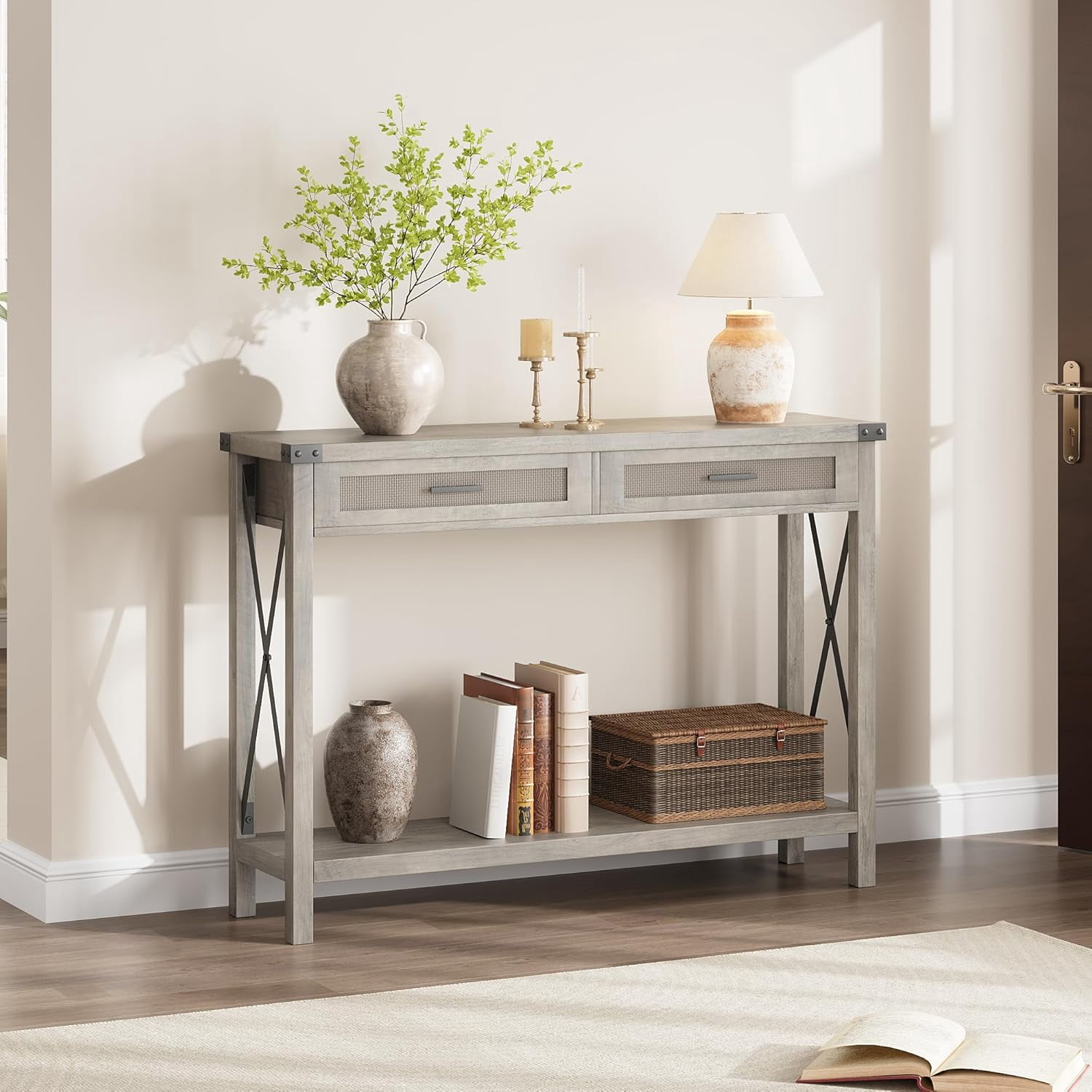 Bohemian Style Entryway Table with Rattan Drawers, 43