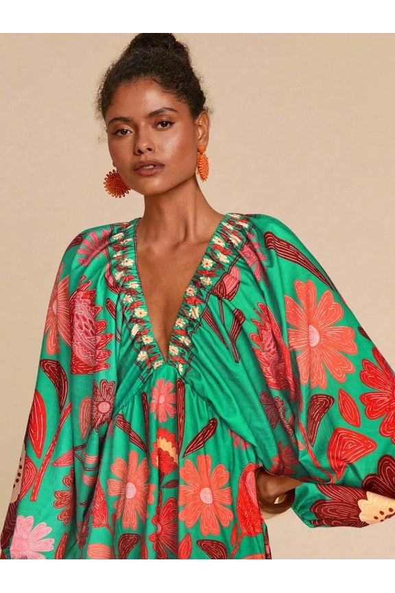 Bohemian Style Floral Print Deep V-Neck Lantern Sleeve Mini Dress for Women