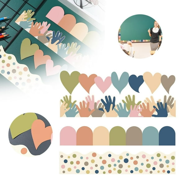 Bohemian Style Frame Decoration Set - Bulletin Board Borders Classroom Colorful Border Stickers Boho Die Cut Trims Bulletin Scalloped Borders Self Adhesive 91.8 Ft - 80X Frame Decorations