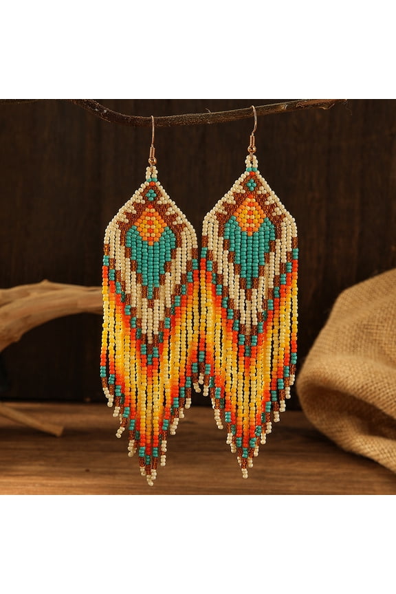 Bohemian Style Geometric Glass Seed Bead Handmade Tassel Dangle Earrings for Women
