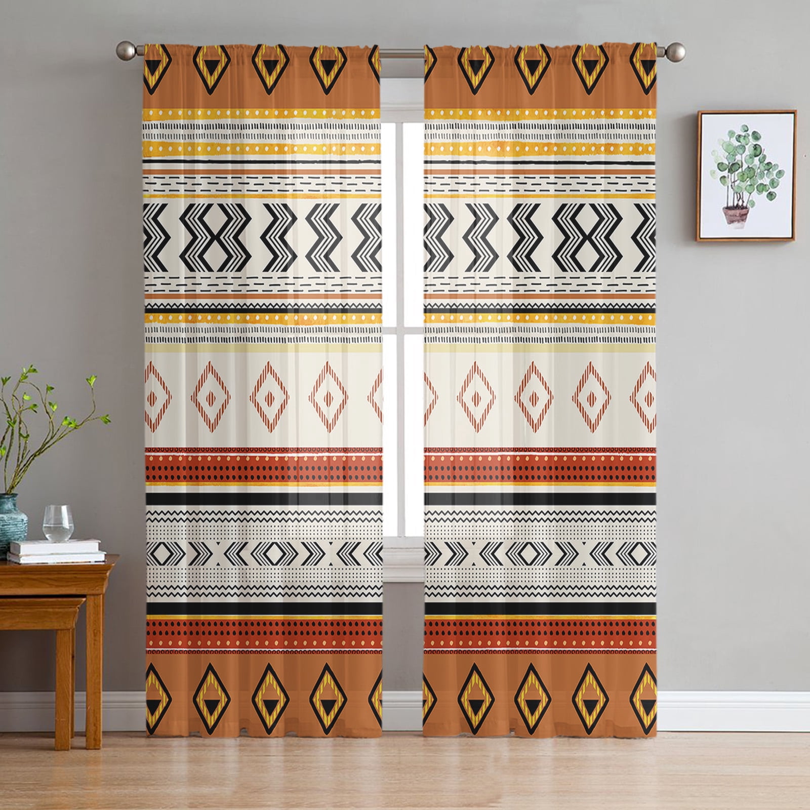 Bohemian Style Geometric Shapes Voile Curtains for Bedroom Tulle Window ...