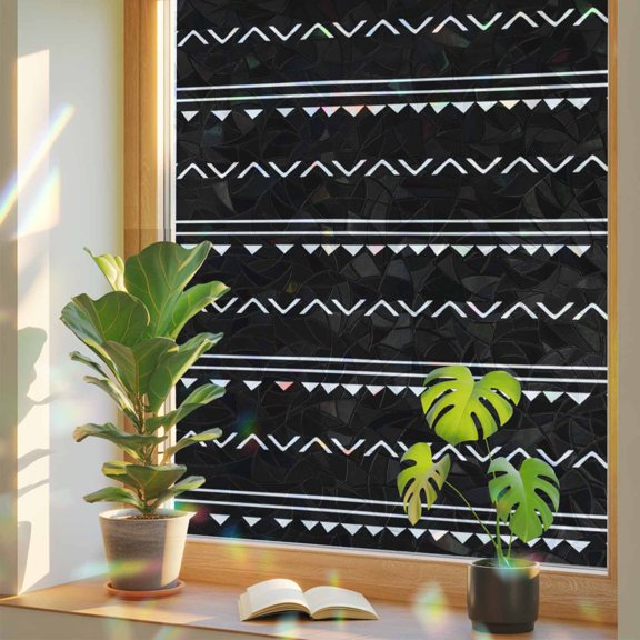 Bohemian Style Geometric Triangle Striped Window Privacy Film, Rainbow Film Decorative Window Sticker 17.7x39.3in, Traditional Boho Style Sun Blocking Static Stained Glass Cling Tint Non-Adhesive