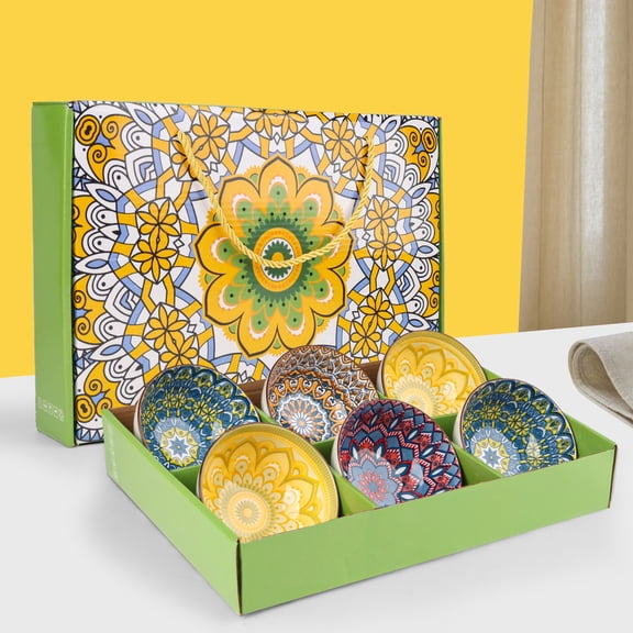 Bohemian Style Green Bowl Set of 6, Oven Microwave Dishwasher & Fridge Safe, Non-Slip Bottom, Easy-Clean Glazed Tableware for Everyday Use & Gift