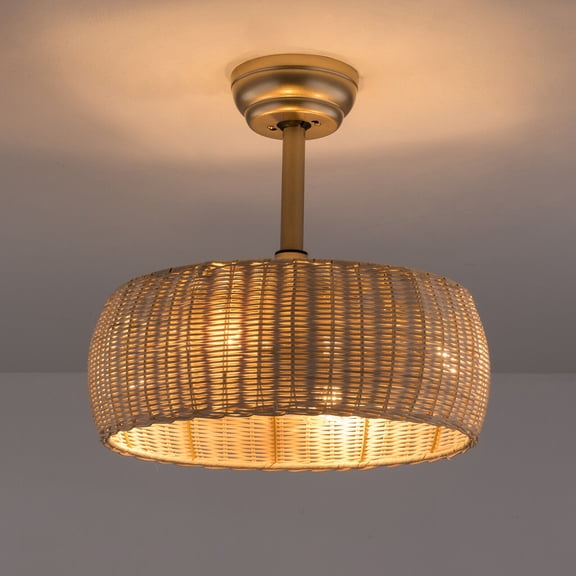 Boho Ceiling Fan with Light 17.7in Natural Gold Hand-Woven Bamboo Cage Fan with 5 Blades & Remote Control