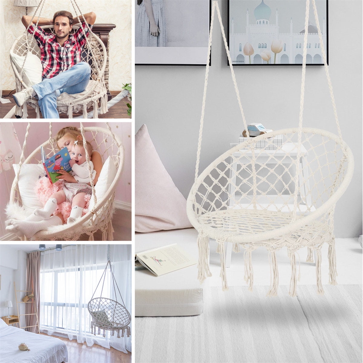 Hanging Chair Soft Fluffy Pillow Fixing of a Swing, Macrame Swing and  Shaggy Cushion, Boho Home Swing, Hanging Chair for the Bedroom 