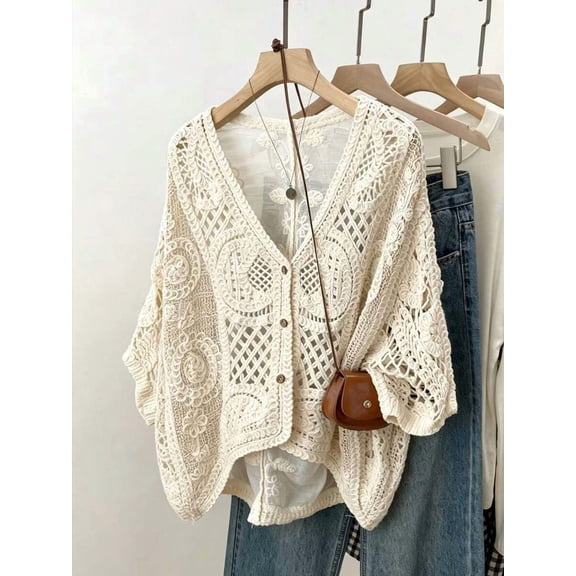 Bohemian Style Hollow Crochet Knit Cover Up V-Neck 3/4 Sleeve Loose Casual Outerwear Autumn Beach Sun Protection Cover-Up