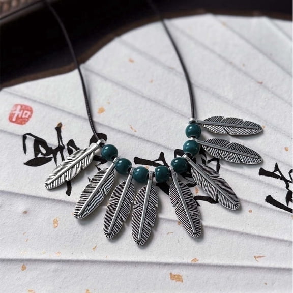 XINIU Ceramic Feather Necklace Handmade Ethnic Tribal Clavicle Chain for Bohemian Outfits