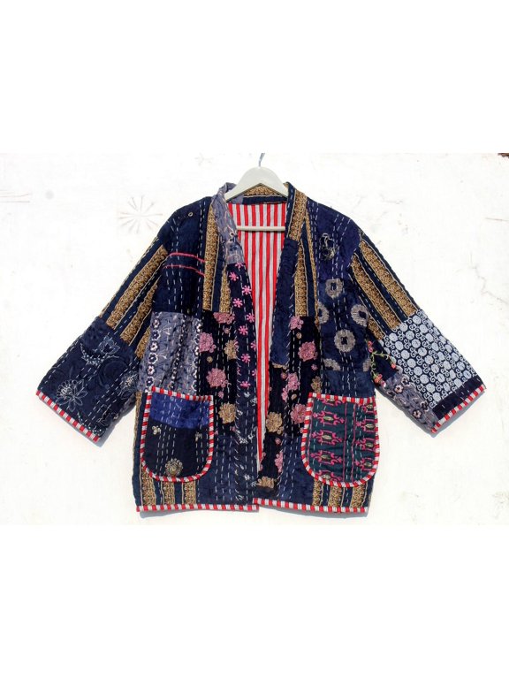 Bohemian Style Kantha Cotton Jacket Vintage Upper Wear Hippie Patchwork Women's Indian Coat For Everyday Wear