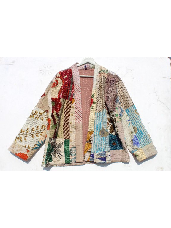 Bohemian Style Kantha Cotton Jacket Vintage Upper Wear Hippie Patchwork Women's Indian Coat For Everyday Wear