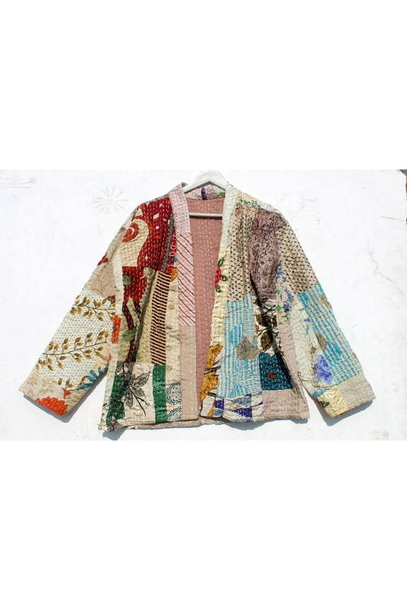 Bohemian Style Kantha Cotton Jacket Vintage Upper Wear Hippie Patchwork Women's Indian Coat For Everyday Wear