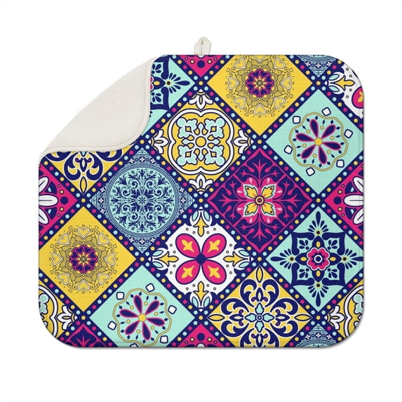 Bohemian Style Kitchen Dish Drying Mat 16x18 Inch Washable Reusable Microfiber Super Absorbent Dish Drainer Pad for Home and Coffee Bar