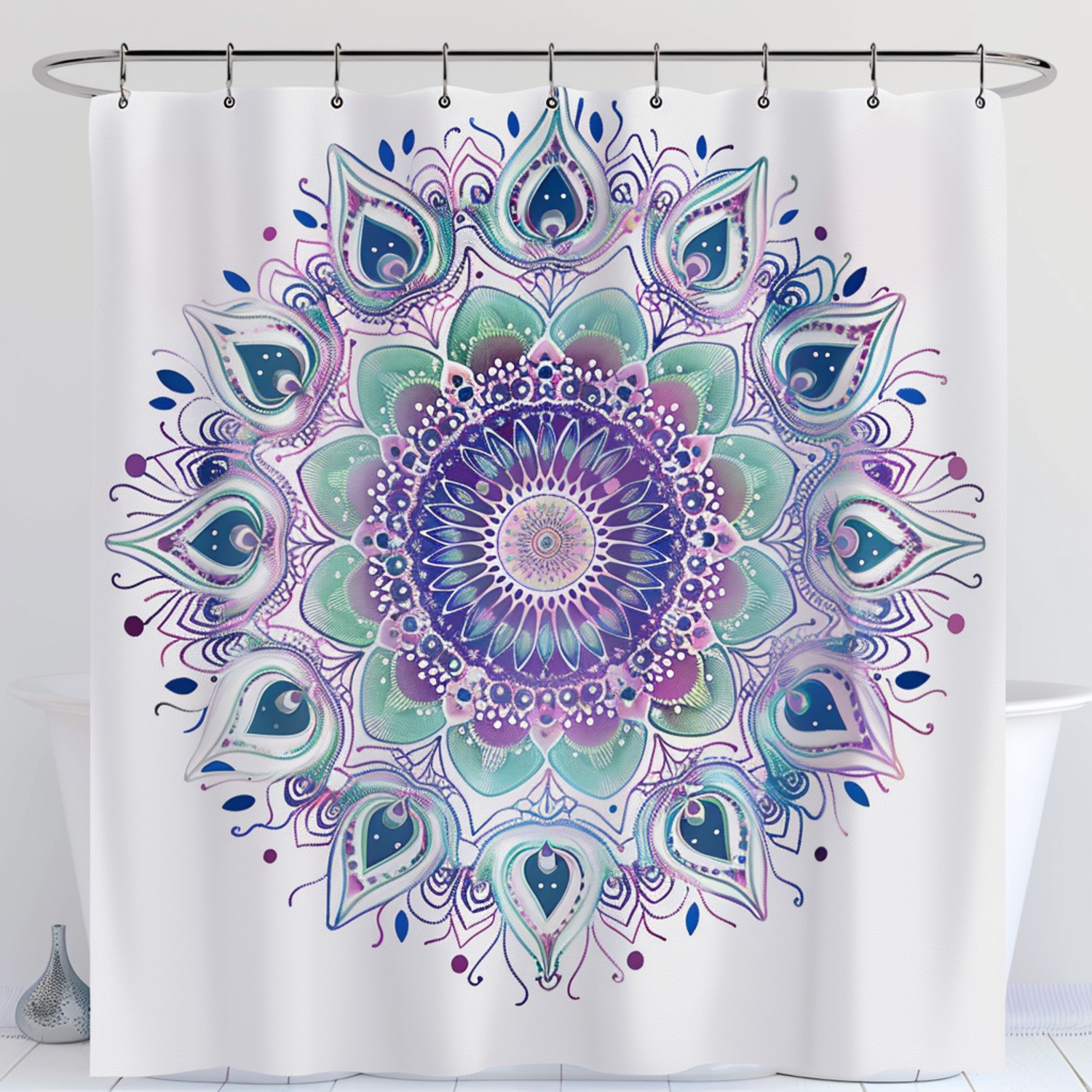 Bohemian Style Mandala Shower Curtain with Peacock Feathers Exotic
