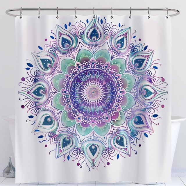 Bohemian Style Mandala Shower Curtain with Peacock Feathers Exotic