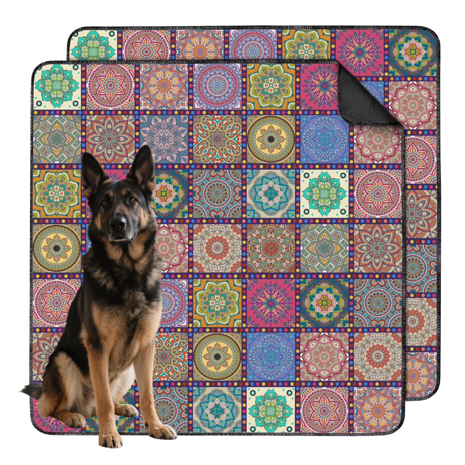 Bohemian Style Pet Crate Pad Washable, 48x48 Inch Reusable Training Mat with Grip-Tight Bottom, Absorbent Dog Pee Pad for Kennel Use and Tile Floor Care