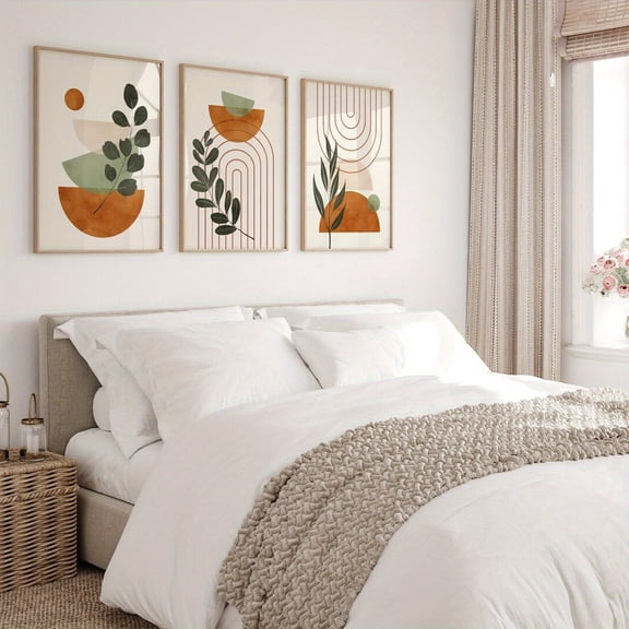 Bohemian Style Plant Wall Decor Print Set of 3, Plant Print Trio. Mid-Century Wall Decor, Bohemian Style Bedroom Decoration, Sage Green Art, Terracotta Geometric Abstract Wall Decor, Frameless