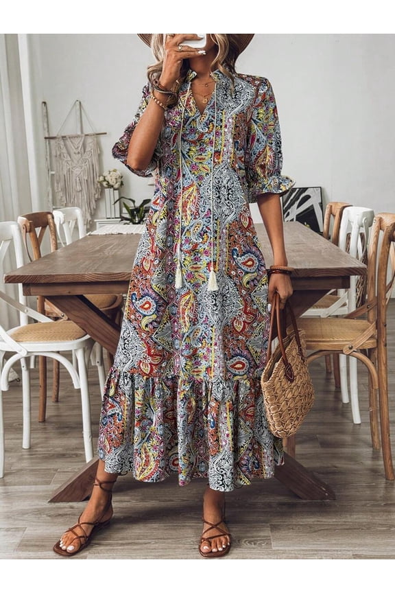 Bohemian Style Printed Mid-Sleeve Dress with Ruffle Hem, Tie Neck, Flounce Sleeves, All Over Paisley Print, Loose Long Maxi Dress for Spring Fall Casu