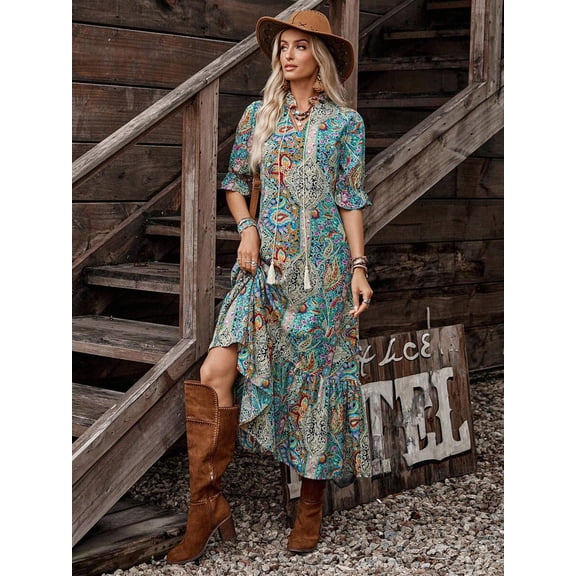 Bohemian Style Printed Mid-Sleeve Dress with Ruffle Hem, Tie Neck, Flounce Sleeves, All Over Paisley Print, Loose Long Maxi Dress for Spring Fall Casu