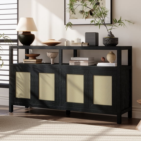 Bohemian Style Rattan Buffet Storage Cabinet with Solid Wood Frame, Sideboard with 3-position Adjustable Shelves for Living & Dining Rooms, No-Handle Push-to-Open Design (Black)