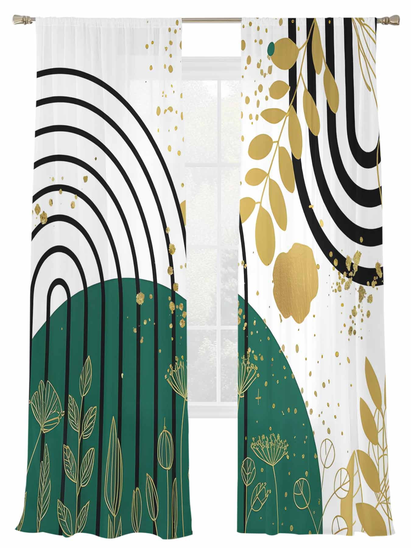 Bohemian Style Sheer Curtains 96 Inch Long 2 Panels, Abstract Art Leaves Plant Light Filtering ...