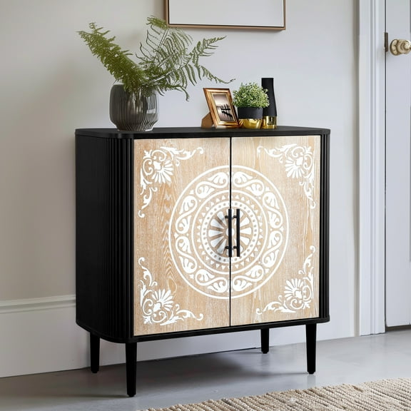 Bohemian Style Sideboard with Pattern Carving - Oval Tabletop, High Feet & Curved Frames, 80×39.5×80cm (White & Log Tone)
