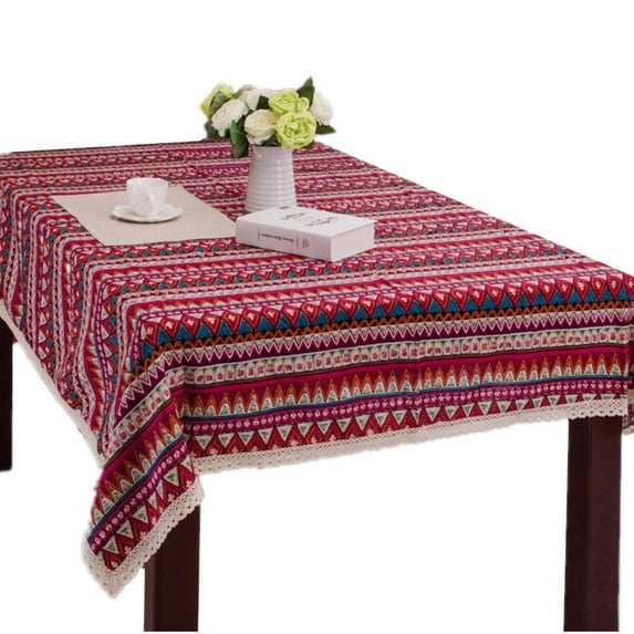 Bohemian Style Square Tablecloth Cotton Linen Lace Boho Table Cloth for Kitchen Dining Room Tabletop Decoration