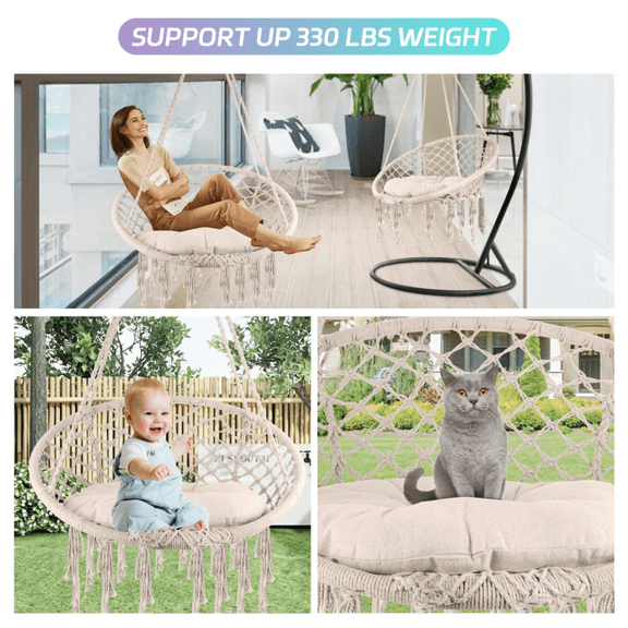Bohemian Style Swing Hammock Chair, Made of Premium Cotton Blend Rope, with Built-in Cup Holder in Cushion, Suitable for Bookstore, Hotel, Balcony, Holds 350 Lbs, Beige