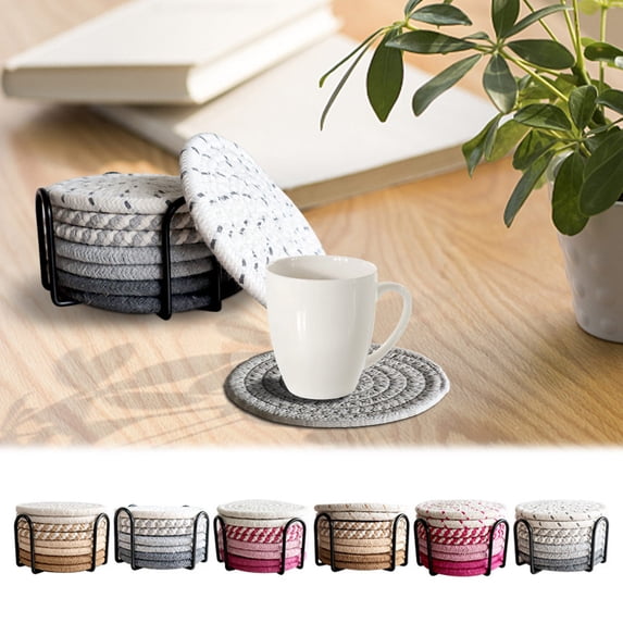 Bohemian Style Table Mats 8 Pack, 4.3 Inch Absorbent Linen Coffee Cup Coasters with Iron Stand, Washable Drink Placemats for Kitchen Dining Living Room Decor