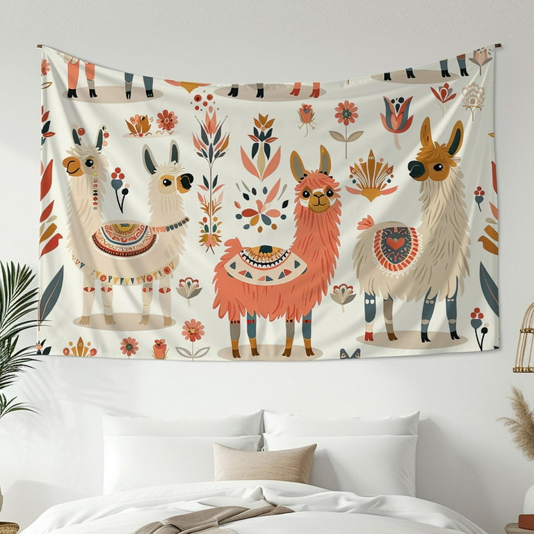 Bohemian Style Tapestry, Cartoon Alpaca Print Tapestry, Bedroom