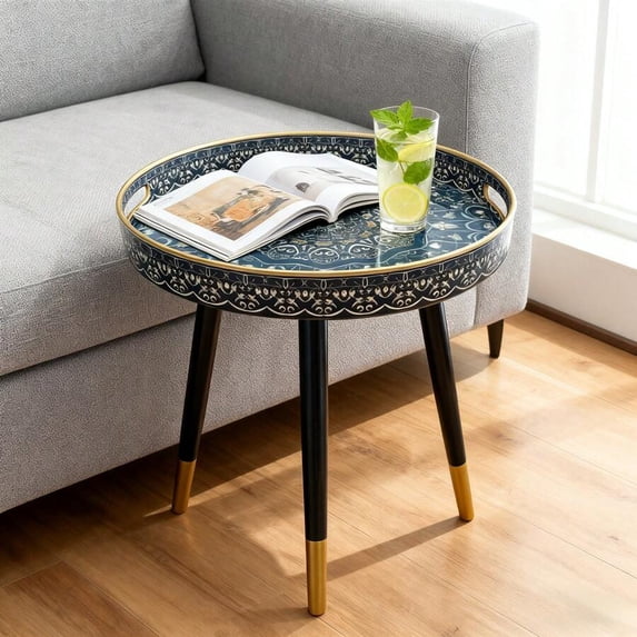 Bohemian-Style Three-Legged Round Table - Plastic Tabletop & Wooden ...