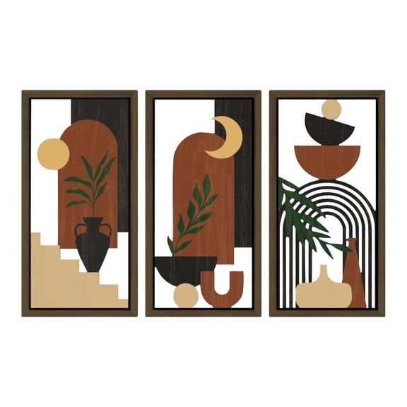Bohemian Style Three-Piece Geometric Abstract Arch Hollow Wooden Wall Art with Cactus Plant Sun and Moon Patterns Showcasing Artistic Charm, Rustic Wooden Material with Warm