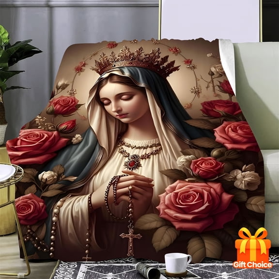 Bohemian Style Virgin Mary Printed Throw Blanket All Season Flannel Multipurpose Quilted Throw Digital HD Print Design Sofa Bedroom Gift Super Soft Knitted Fabric Perfect for Every Season