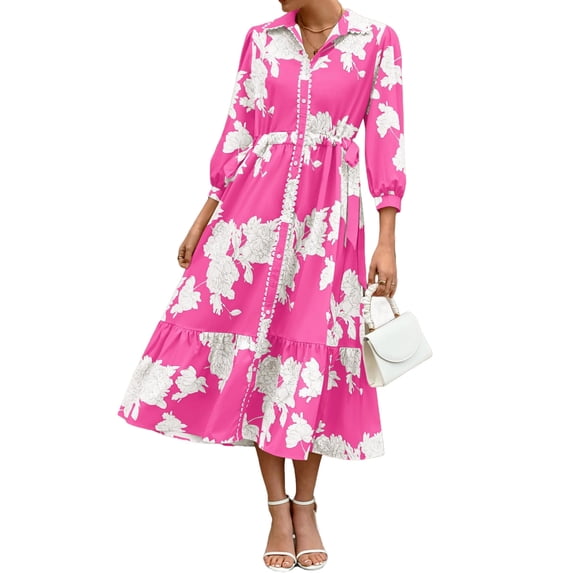 Bohemian Style Women Three Quarter Floral Print Lapel Button Down Long Maxi Dress