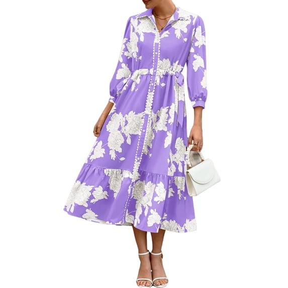 Bohemian Style Women Three Quarter Floral Print Lapel Button Down Long Maxi Dress