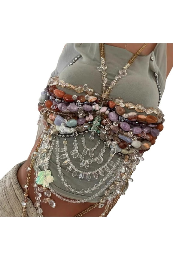 Bohemian Styles Multicolor Crystals Beaded Bralette Top with Detachable Pearls Chains Vocation Body Jewelry Accessory