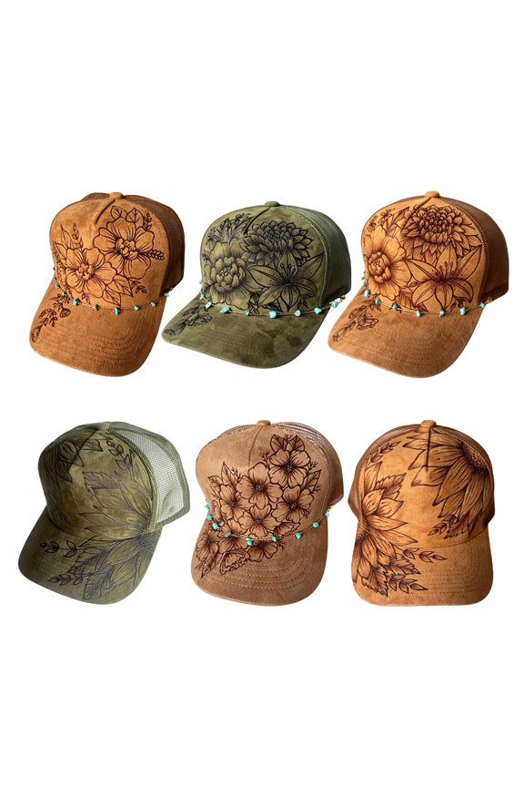 Bohemian Suede Trucker Hat for Women, Floral Engraved Mesh Sun Cap with Turquoise Bead Chain