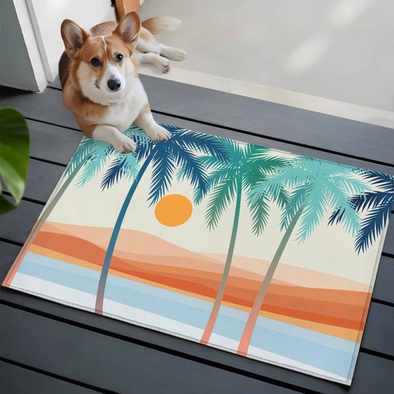 Bohemian Summer Beach Front Door Rugs 2x3 ft Mount Coconut Tree Sun Abstract Small Rug for Entryway Non Slip Washable Bathroom Door Mat Absorbent Floor Mat for Indoor Entrance