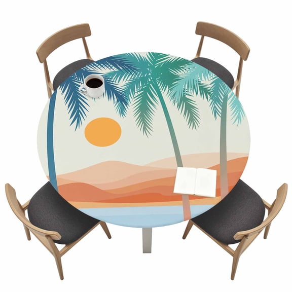 Bohemian Summer Beach Round Fitted Tablecloth with Elastic Edge Mount Coconut Tree Sun Abstract Table Cover Fit for 45"-54" Tables Waterproof Tablecloths for Dinner Camping Picnic