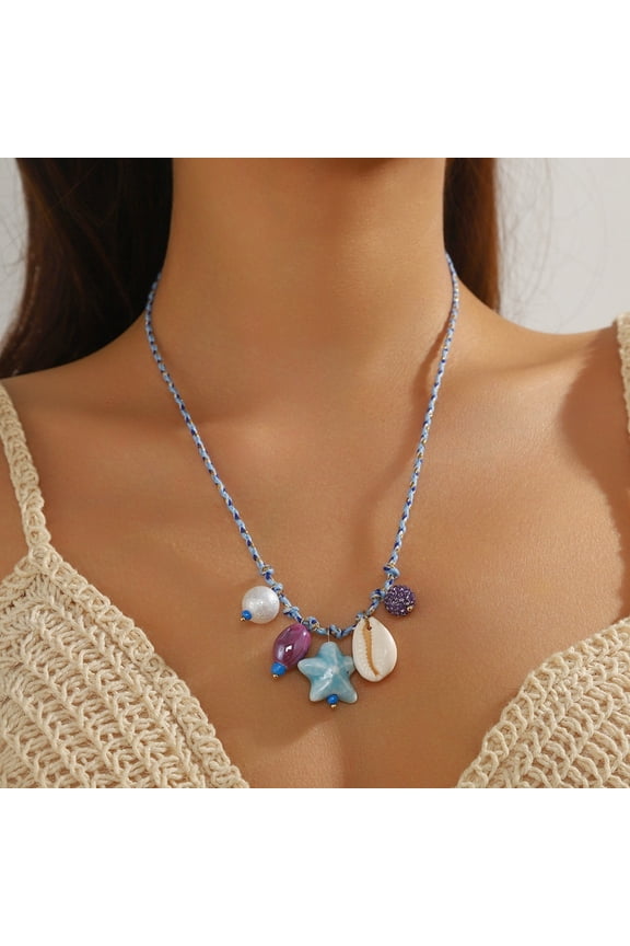 Bohemian Summer Jewelry Colorful Rope Necklace with Shell Starfish Ceramic Fish Pendant Gifts for Women