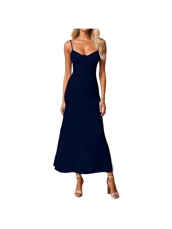 Bohemian Summer Slim Shoulder Strap Square Neck Mid Length Dress - Flowing Slit Tight Corset, Polyester Spandex, S-XXXL