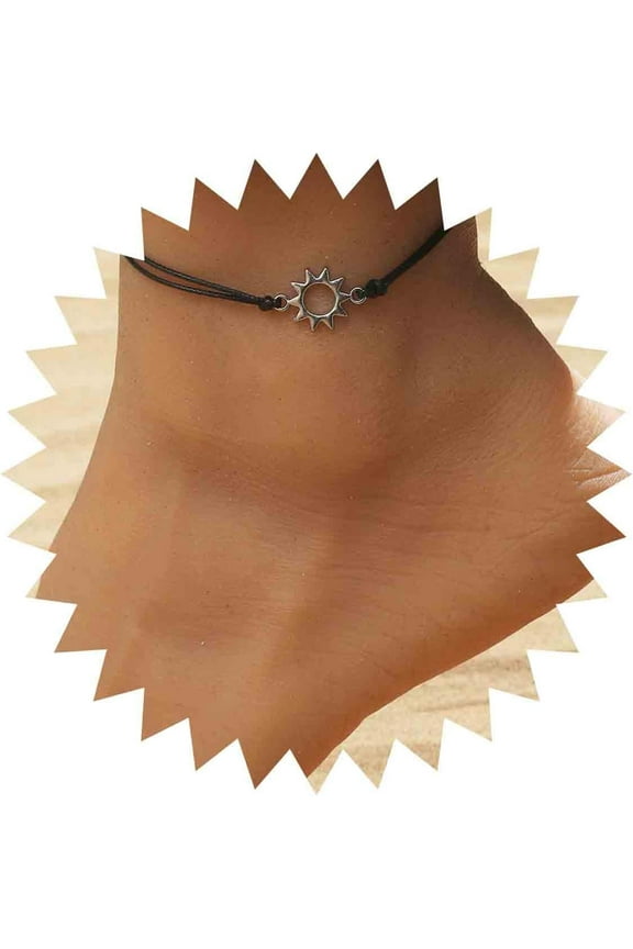 Bohemian Sun Anklet Black Woven Rope Ankle Bracelet Silver Sunshine Chain Anklet Adjustable Wax Anklets Summer Beach Foot Chain Jewelry for Women Gifts
