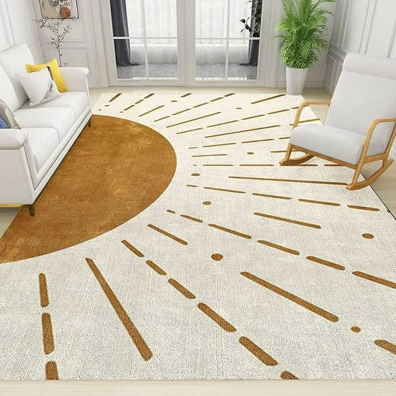 Bohemian Sun Lines Area Rug, Medieval Golden Sun Stripes Indoor Non-Slip Kids Rugs, Machine Washable Breathable Durable Carpet For Living Room Bedroom Kitchen Entryway