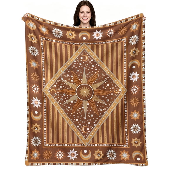 Bohemian Sun Moon Celestial Star Pattern, Soft Warm Flannel Fleece, Boho Aesthetic Tribal, Throw Blanket, Cozy Warm, Home Decor, Couch Sofa Bed, Fantasy Gift
