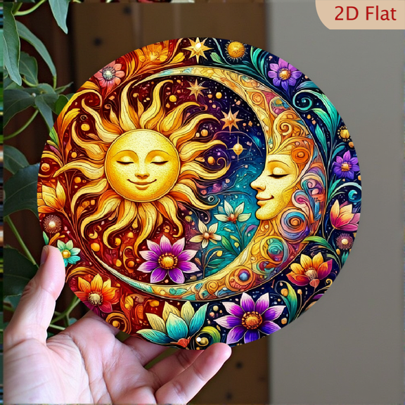 Bohemian Sun & Moon Celestial Wall Art Decor, 8" Round Aluminum Sign, Metal Signs, Wall Decor For Kitchen, Door, Office, Coffee, Bedroom Decor, Best Gifts For Room, Home, Bathroom Decor, 2D Flat