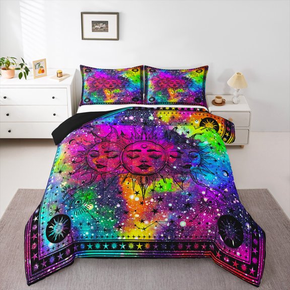 Bohemian Sun Moon Comforter Boho Hippie Bedding Set Queen 3 Piece Colorful Tie Dyed Comforter Sets Aesthetic Trippy Galaxy Duvet Set Psychedelic Mystic Stars Quilt Set Teens Adults